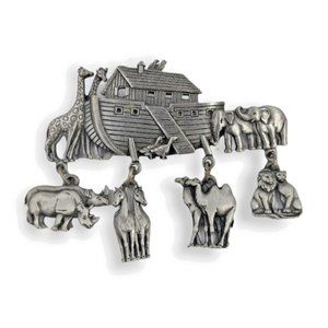 Jonette Jewelry 2.75 inch Pewter Noahs Ark Vintage Charm Brooch